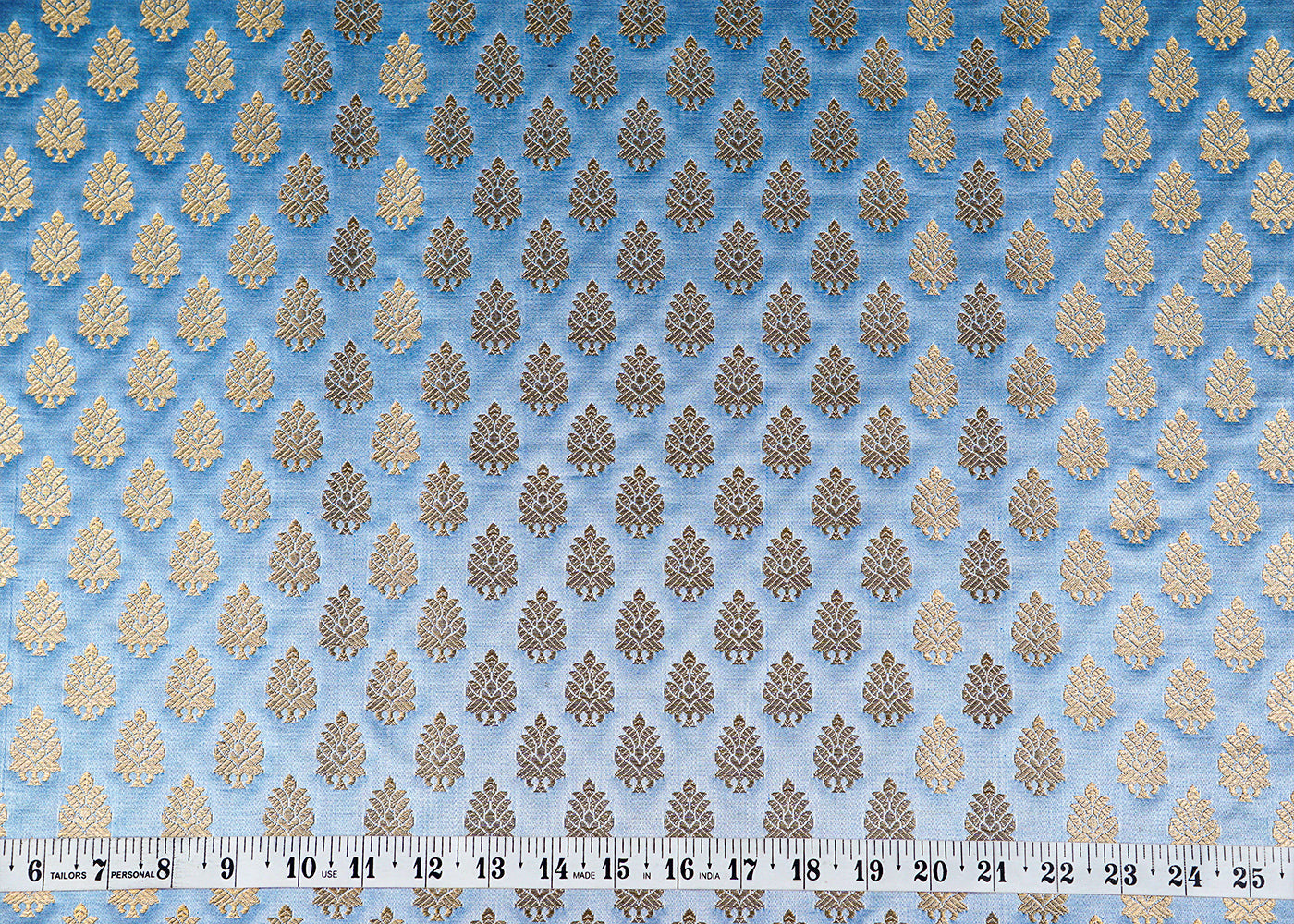 Sky Blue Banarasi Brocade Fabric With Allover Golden Zari Handloom 15899