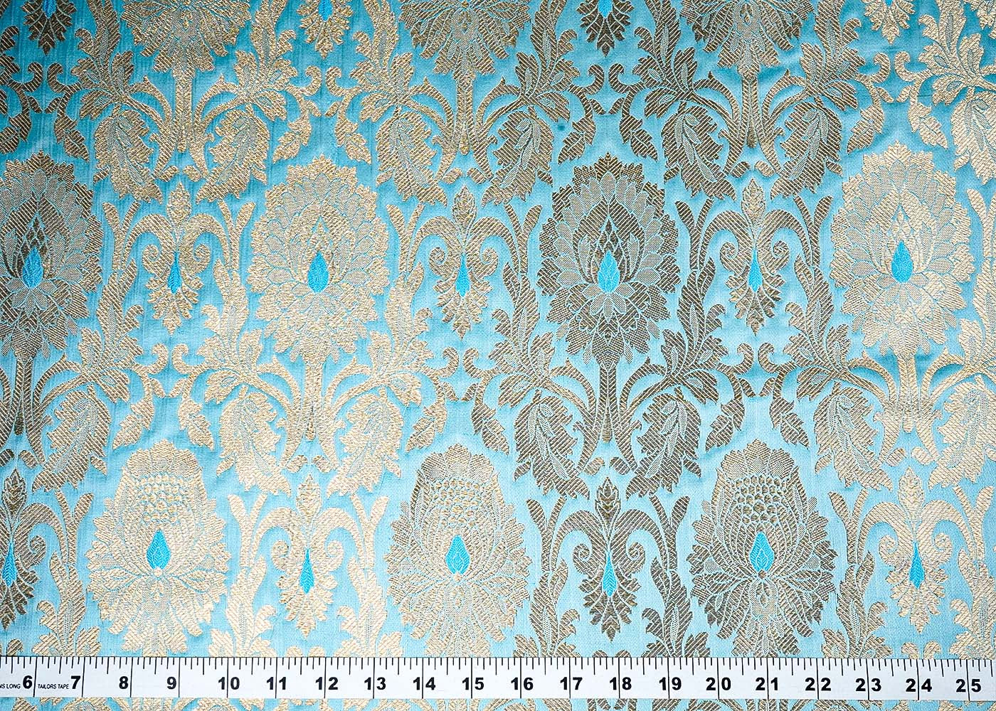 Light Blue Banarasi Brocade Fabric with Allover Golden Zari Handloom 15903