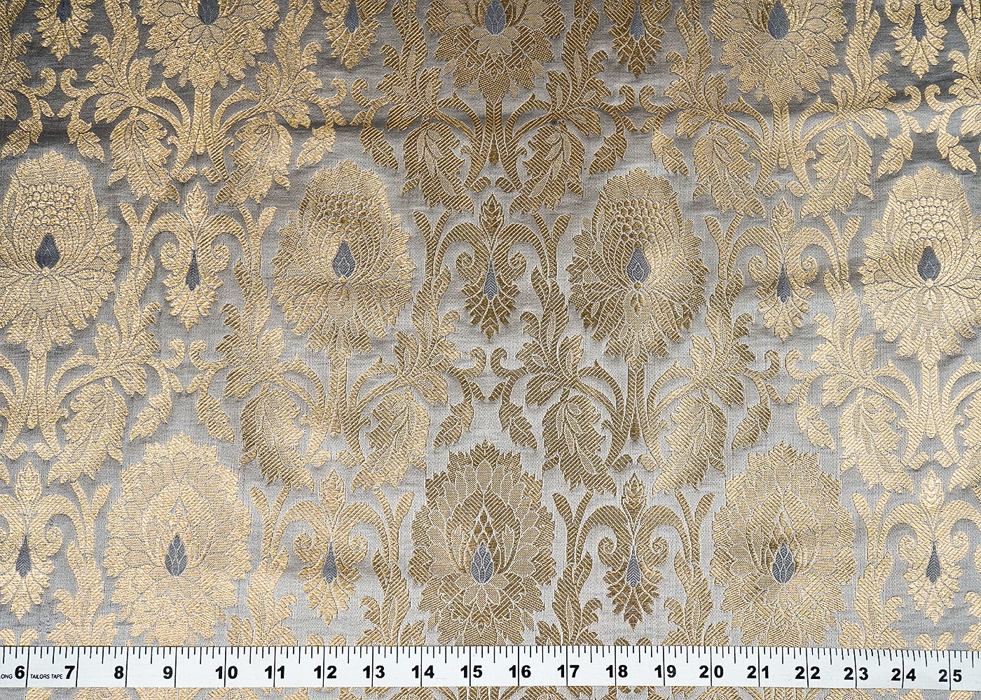 Grey Banarasi Brocade Fabric with Allover Golden Zari Handloom 15904