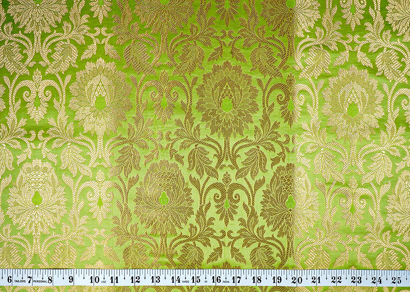 Parrot Green Banarasi Brocade Fabric with Allover Golden Zari Handloom 15906