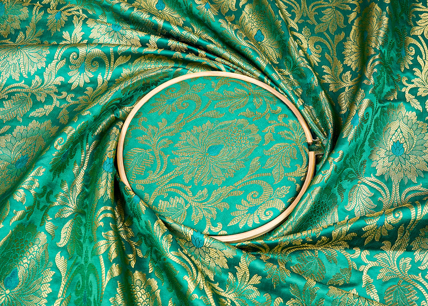 Green Banarasi Brocade Fabric with Allover Golden Zari Handloom 15908