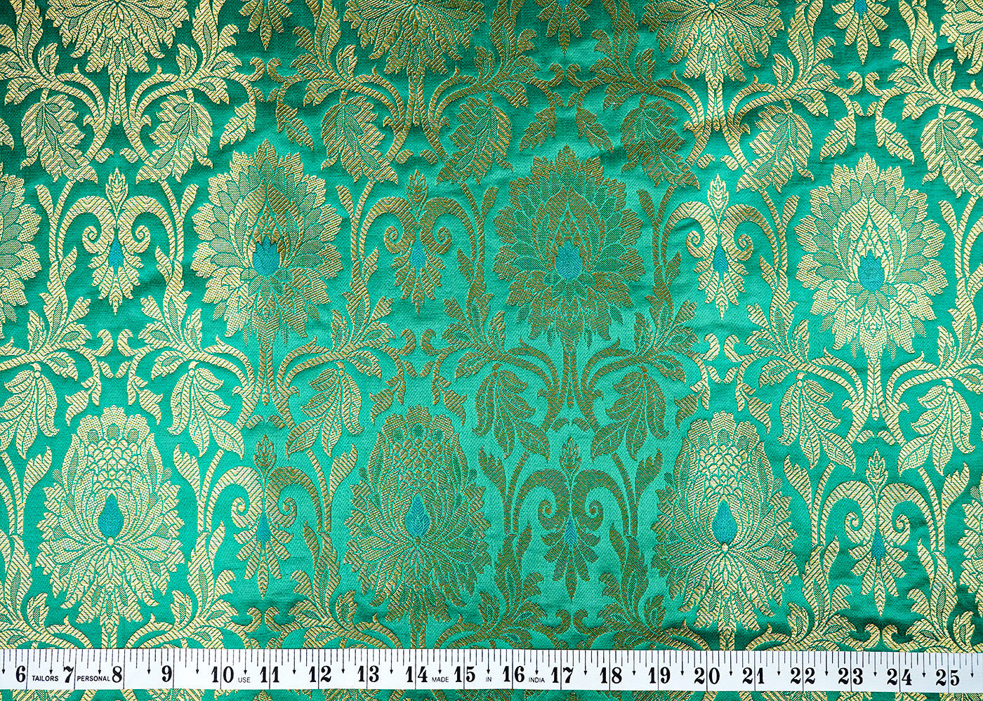 Green Banarasi Brocade Fabric with Allover Golden Zari Handloom 15908