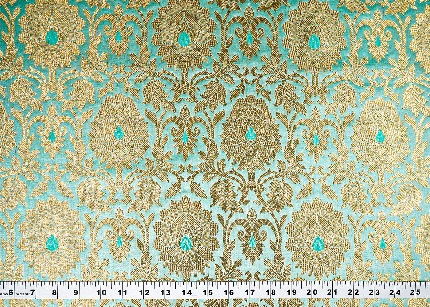 Aqua Green Banarasi Brocade Fabric with Allover Golden Zari Handloom 15912