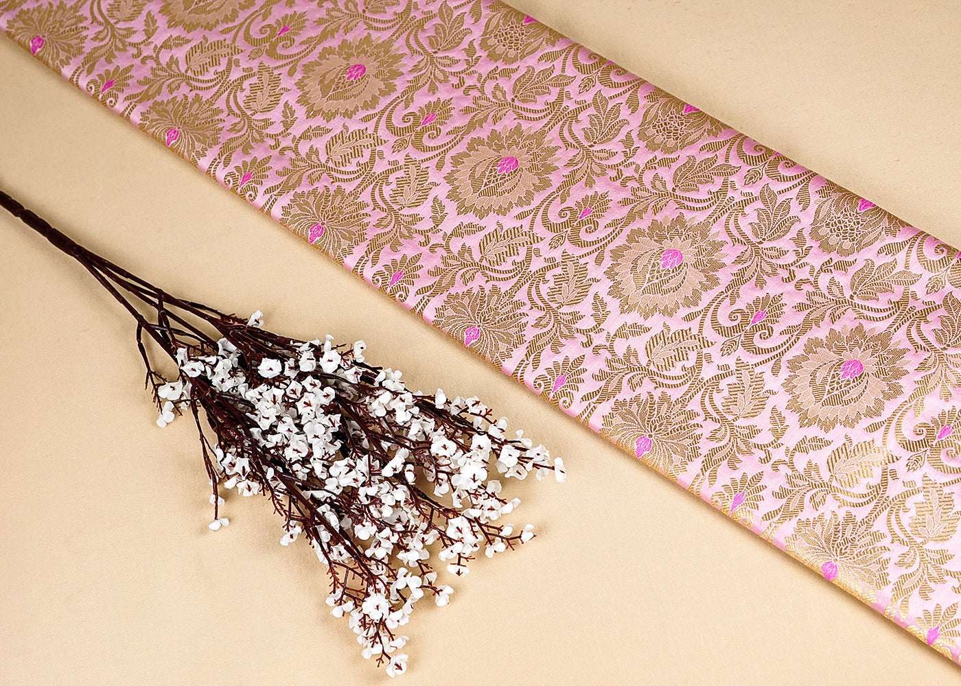 Light Pink Banarasi Brocade Fabric with Allover Golden Zari Handloom 15916