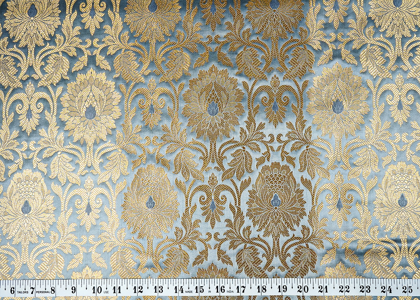 Grey Banarasi Brocade Fabric with Allover Golden Zari Handloom 15919