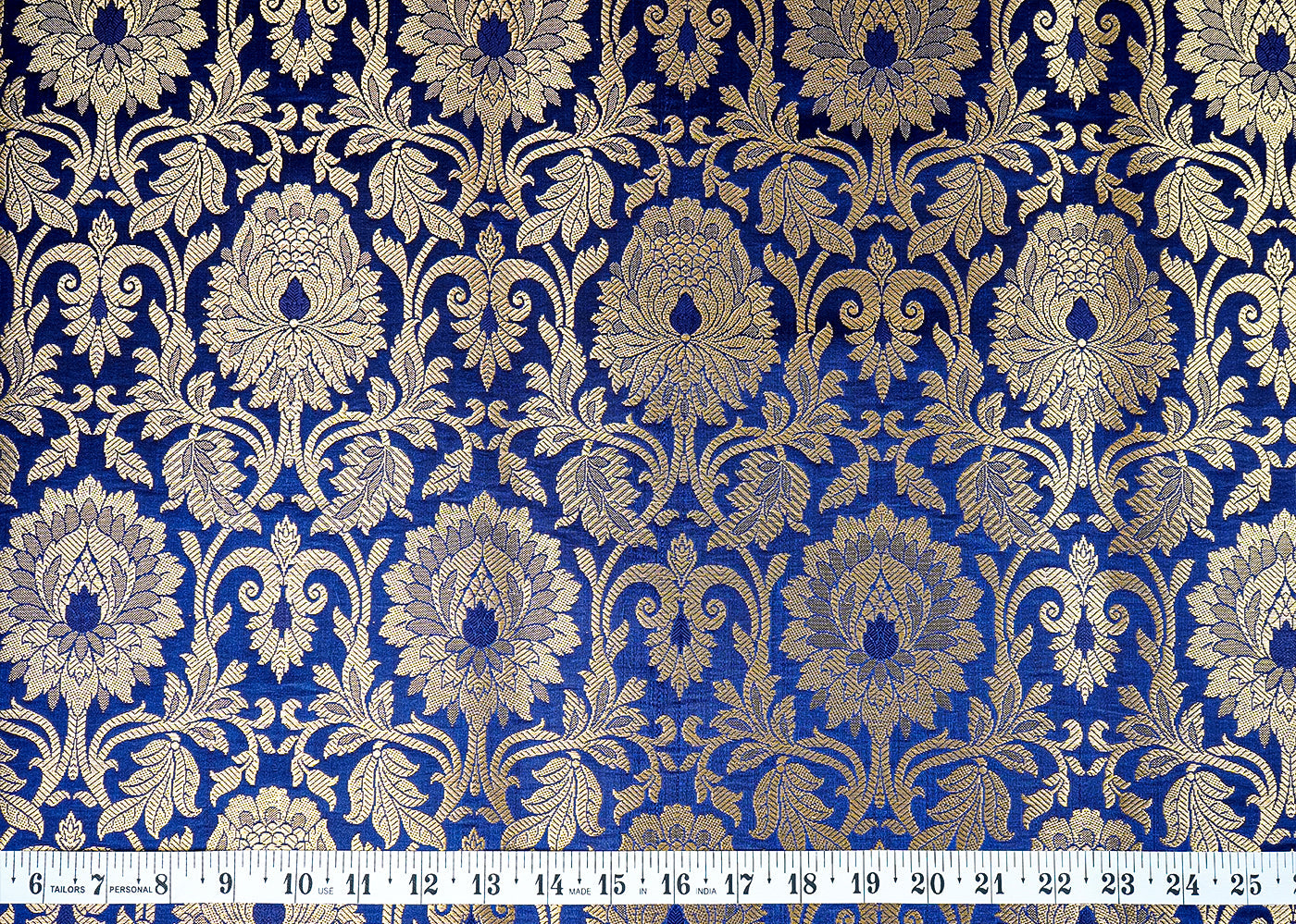 Navy Blue Banarasi Brocade Fabric with Allover Golden Zari Handloom 15922