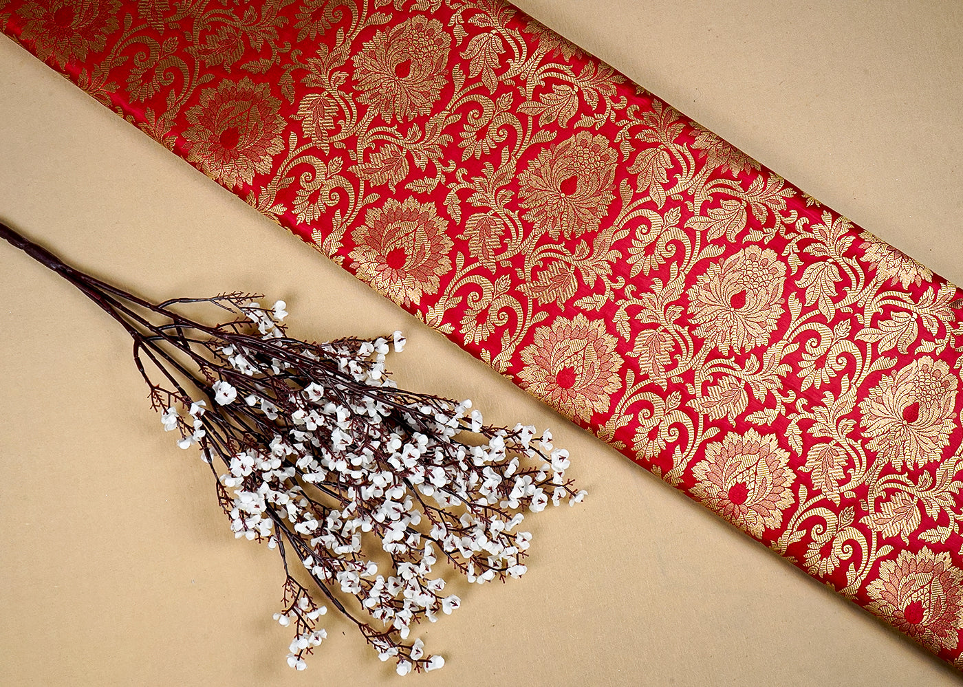 Red Banarasi Brocade Fabric with Allover Golden Zari Handloom 15923