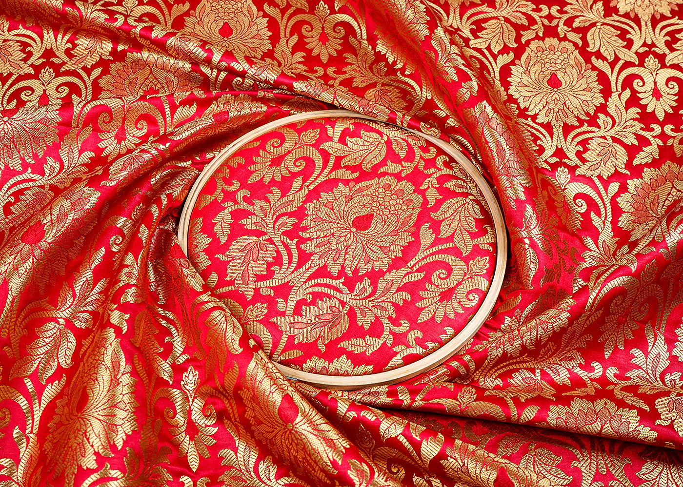 Red Banarasi Brocade Fabric with Allover Golden Zari Handloom 15923
