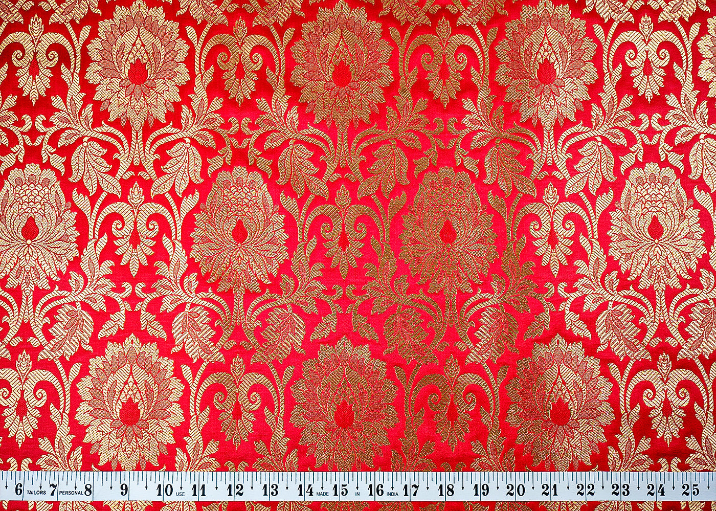 Red Banarasi Brocade Fabric with Allover Golden Zari Handloom 15923