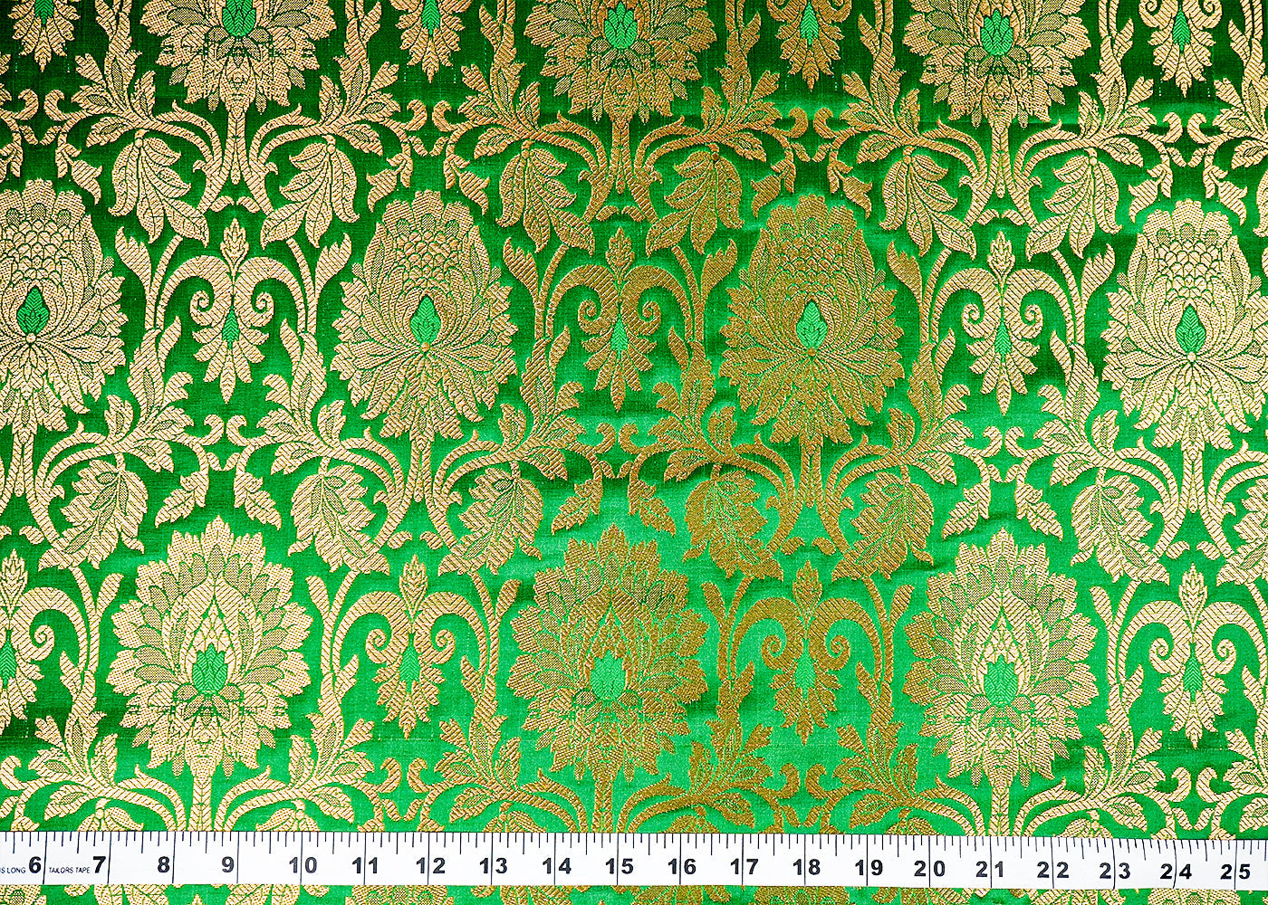 Dark Green Banarasi Brocade Fabric with Allover Golden Zari Handloom 15926