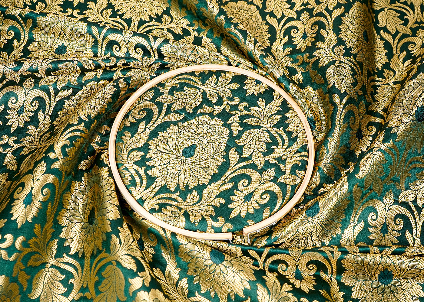 Bottel Green Banarasi Brocade Fabric with Allover Golden Zari Handloom 15927