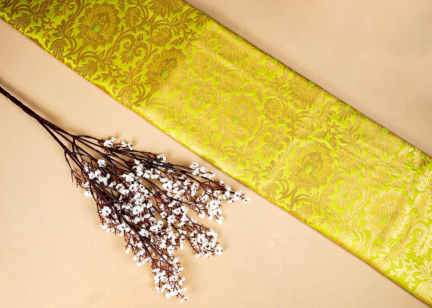 Parrot Green Banarasi Brocade Fabric with Allover Golden Zari Handloom 15930