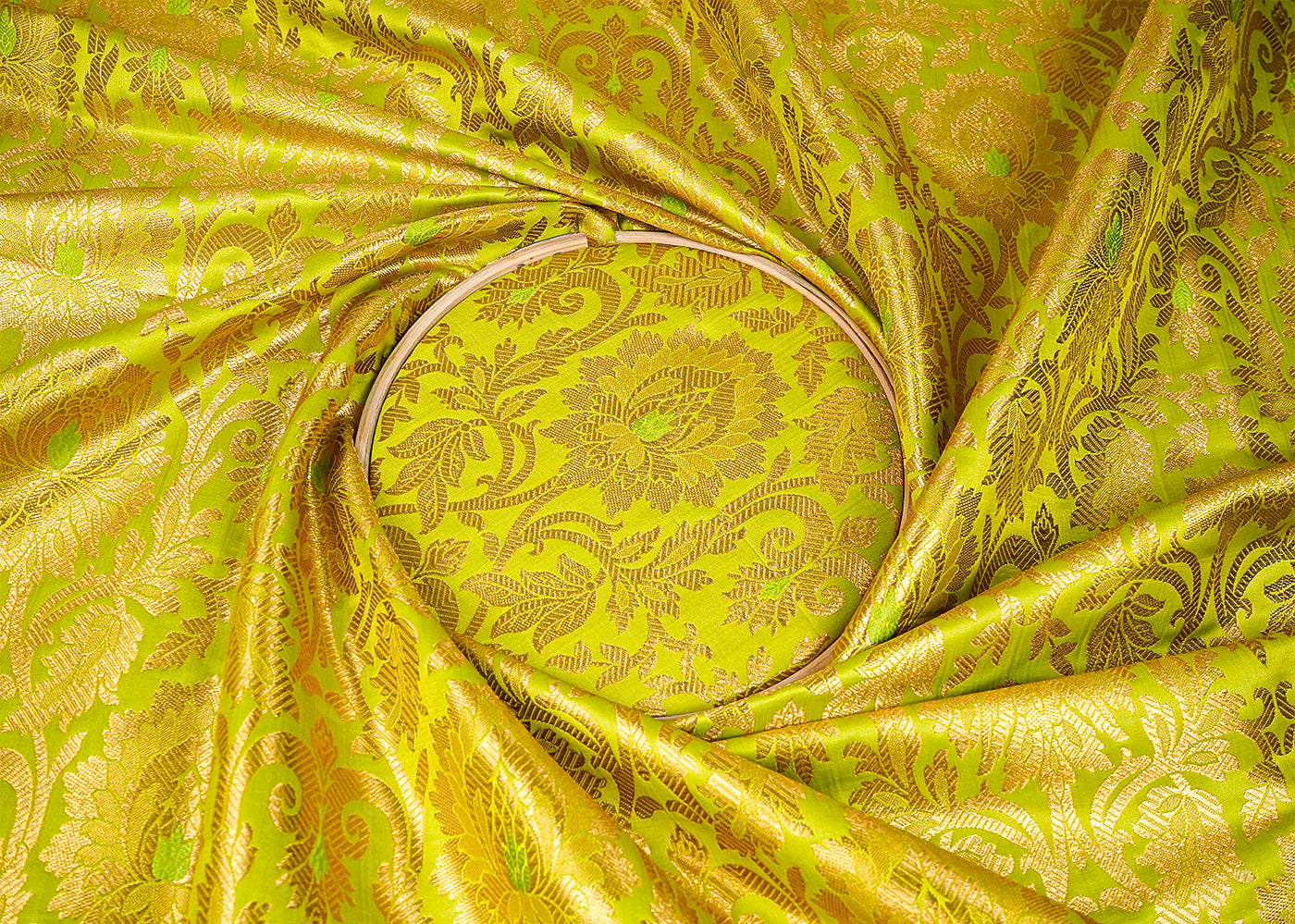 Parrot Green Banarasi Brocade Fabric with Allover Golden Zari Handloom 15930