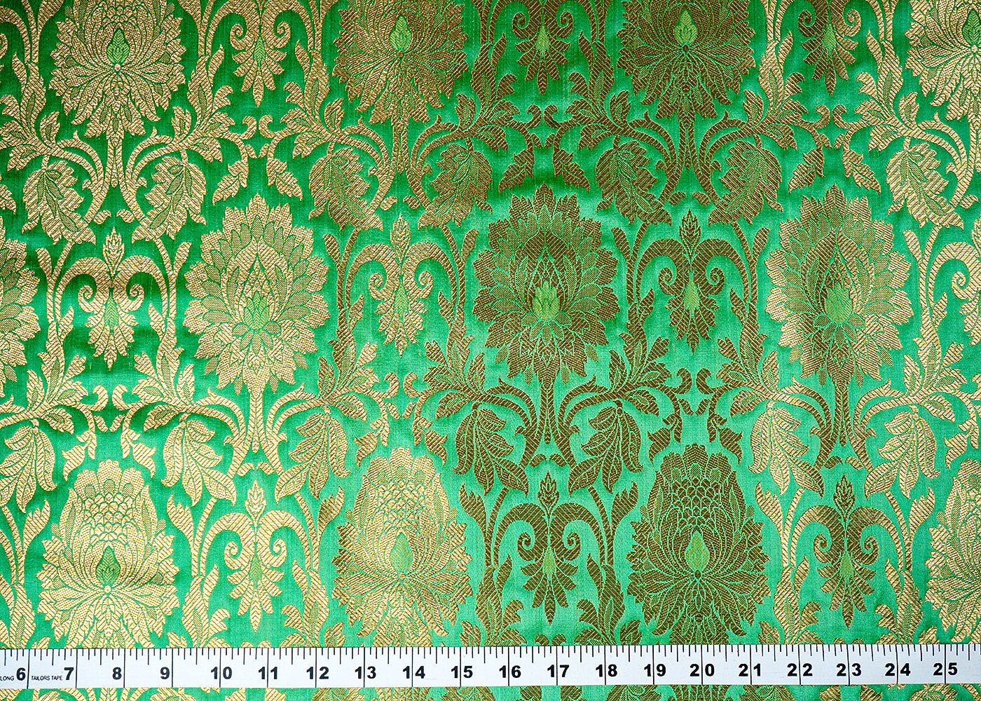 Green Banarasi Brocade Fabric with Allover Golden Zari Handloom 15931
