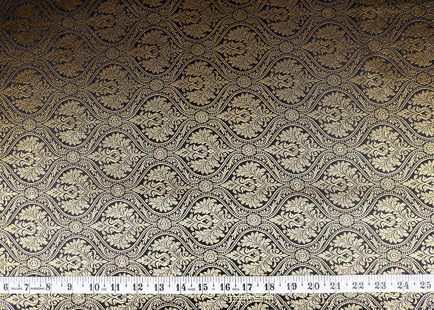 Black Banarasi Brocade Fabric With Allover Golden Zari Handloom 15937