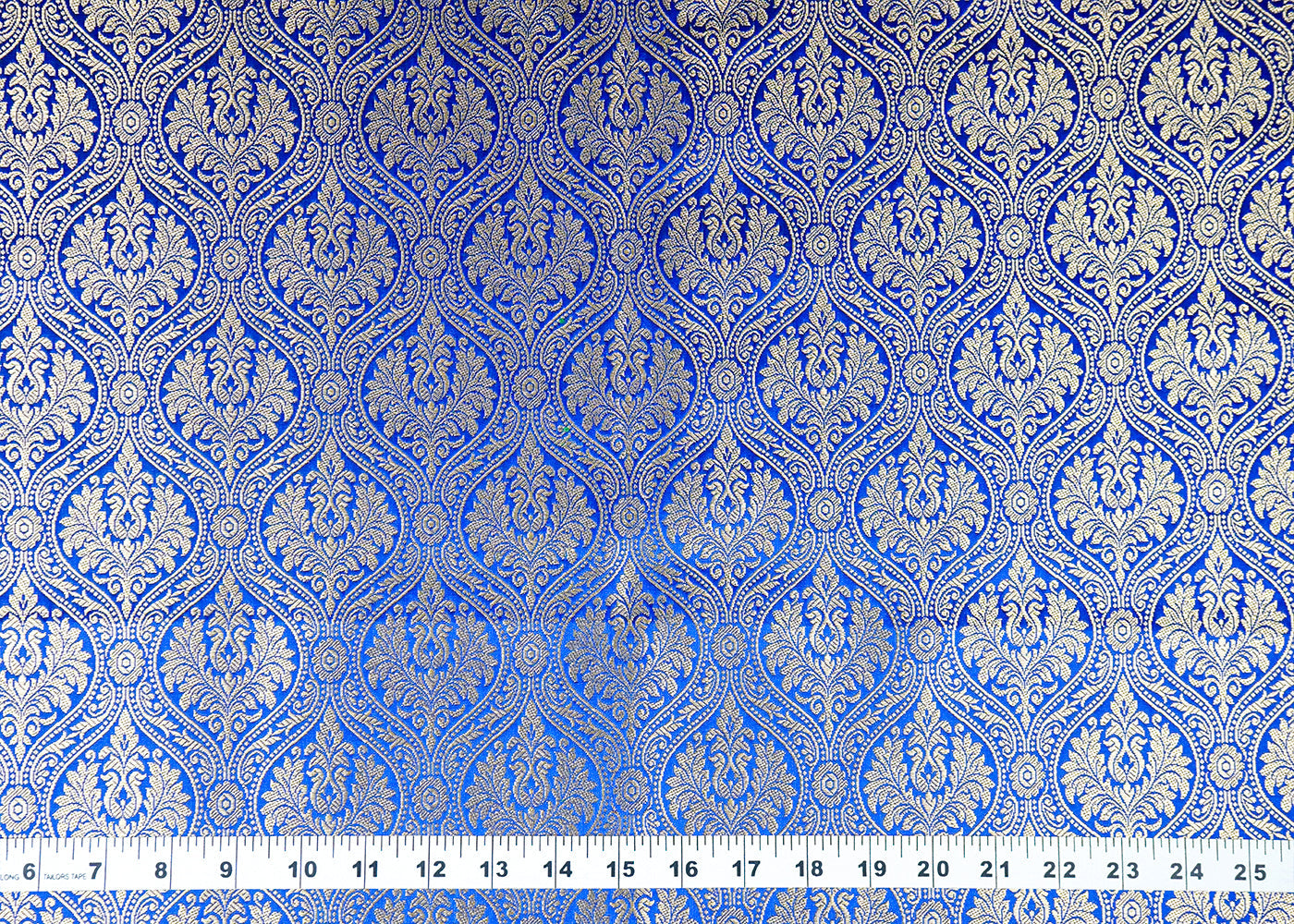 Royal Blue Banarasi Brocade Fabric With Allover Golden Zari Handloom 15938