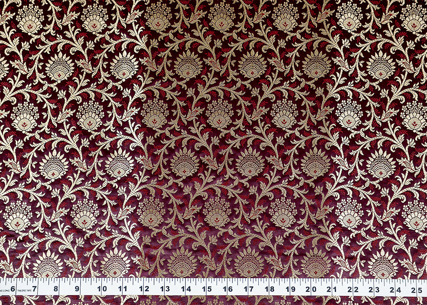 Wine Banarasi Brocade Fabric With Allover Golden Zari Handloom 15943