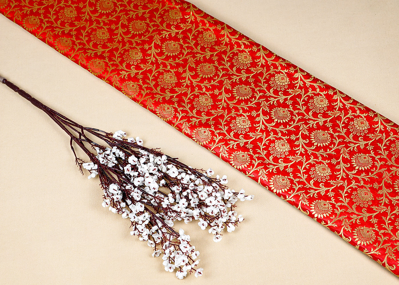 Red Banarasi Brocade Fabric With Allover Golden Zari Handloom 15945