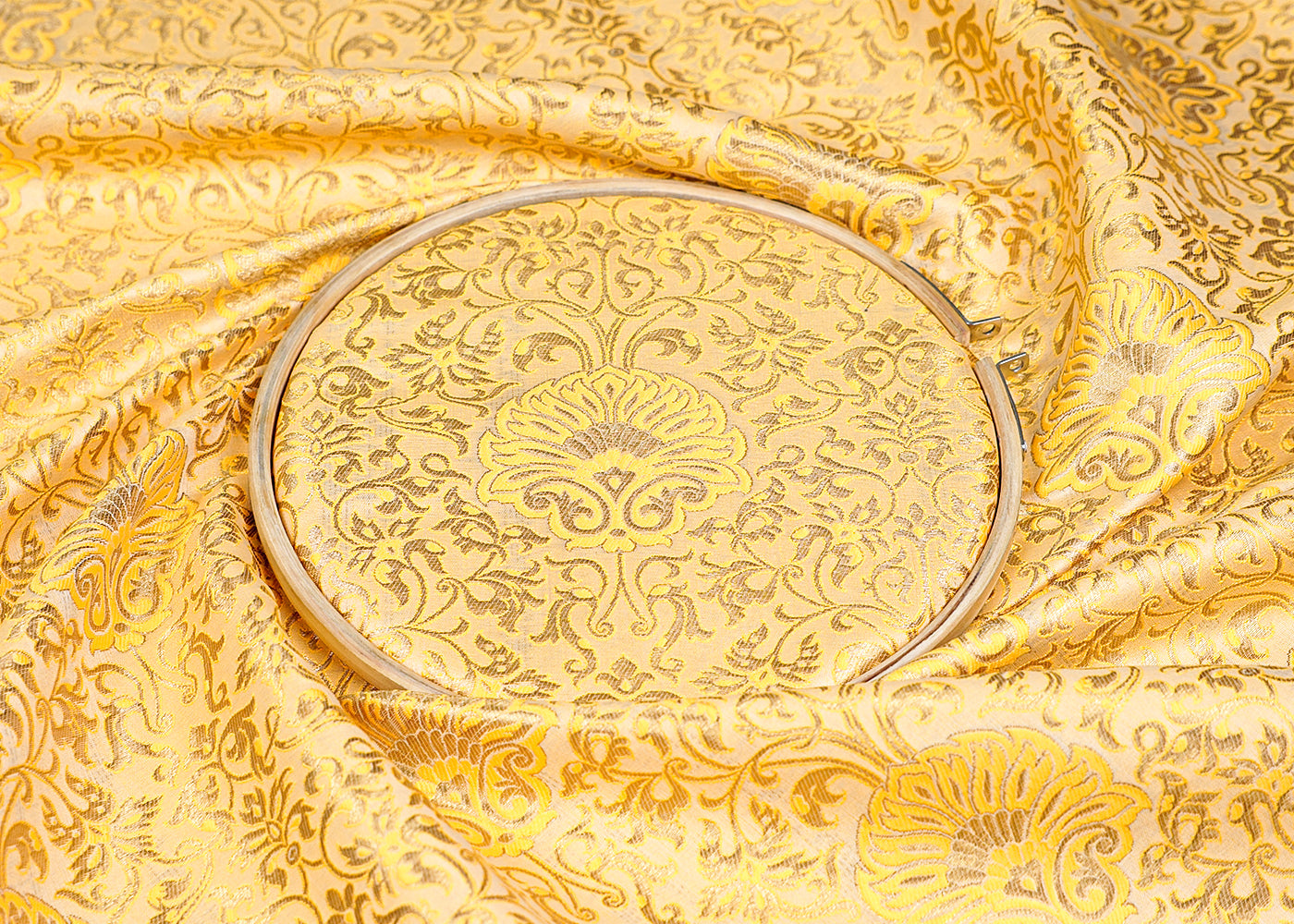 Yellow Banarasi Brocade Fabric With Allover Golden Zari Handloom 15948