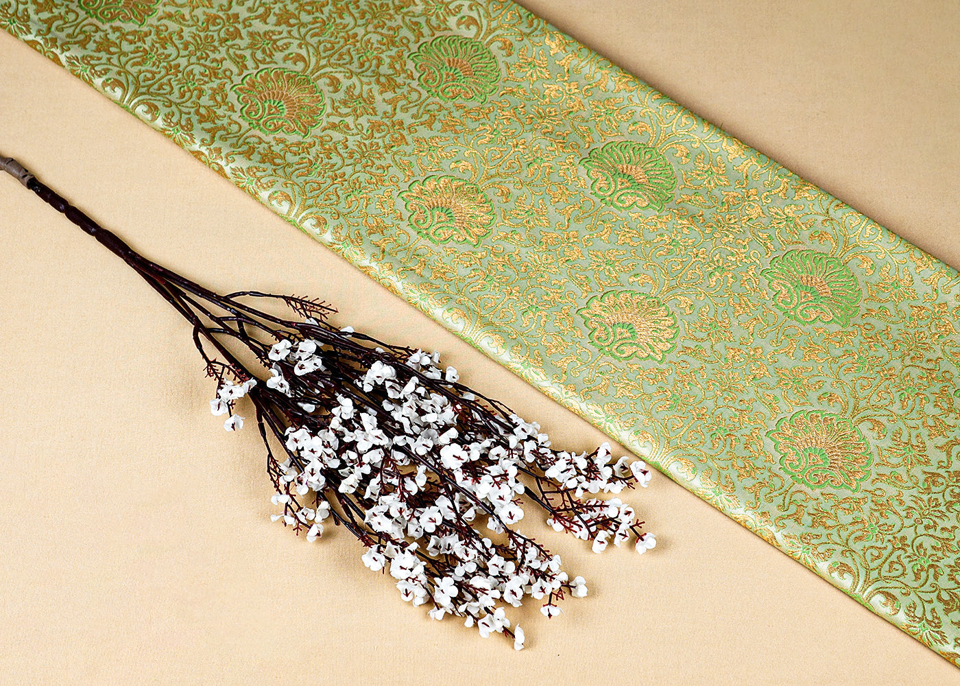 Pista Green Banarasi Brocade Fabric With All-Over Golden Zari Handloom 15951