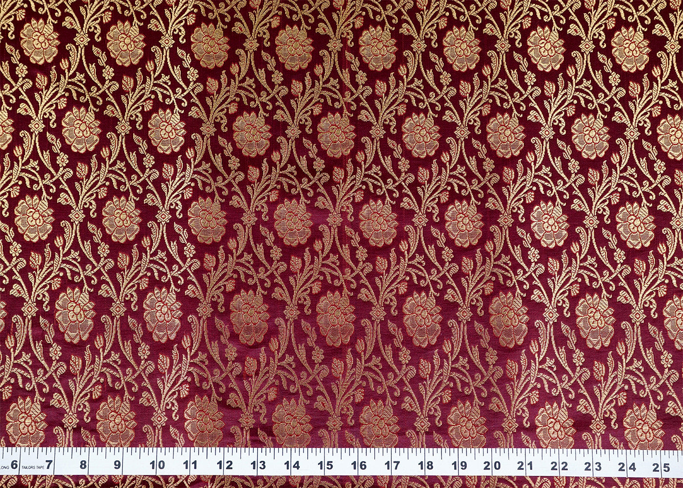 Wine Banarasi Brocade Fabric With Allover Golden Zari Handloom 15952