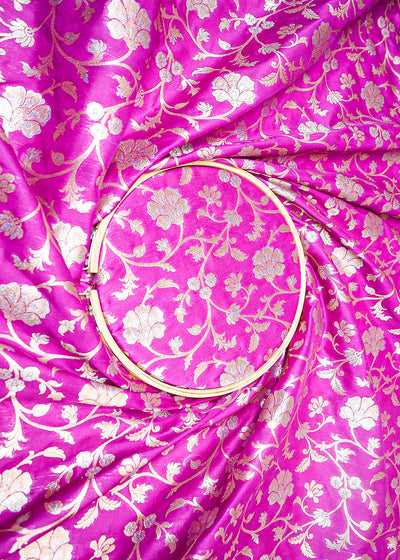 Purple Banarasi Brocade Fabric With Allover Silver And Golden Zari Handloom 15972