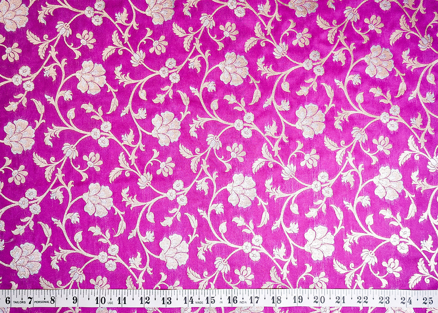 Purple Banarasi Brocade Fabric With Allover Silver And Golden Zari Handloom 15972