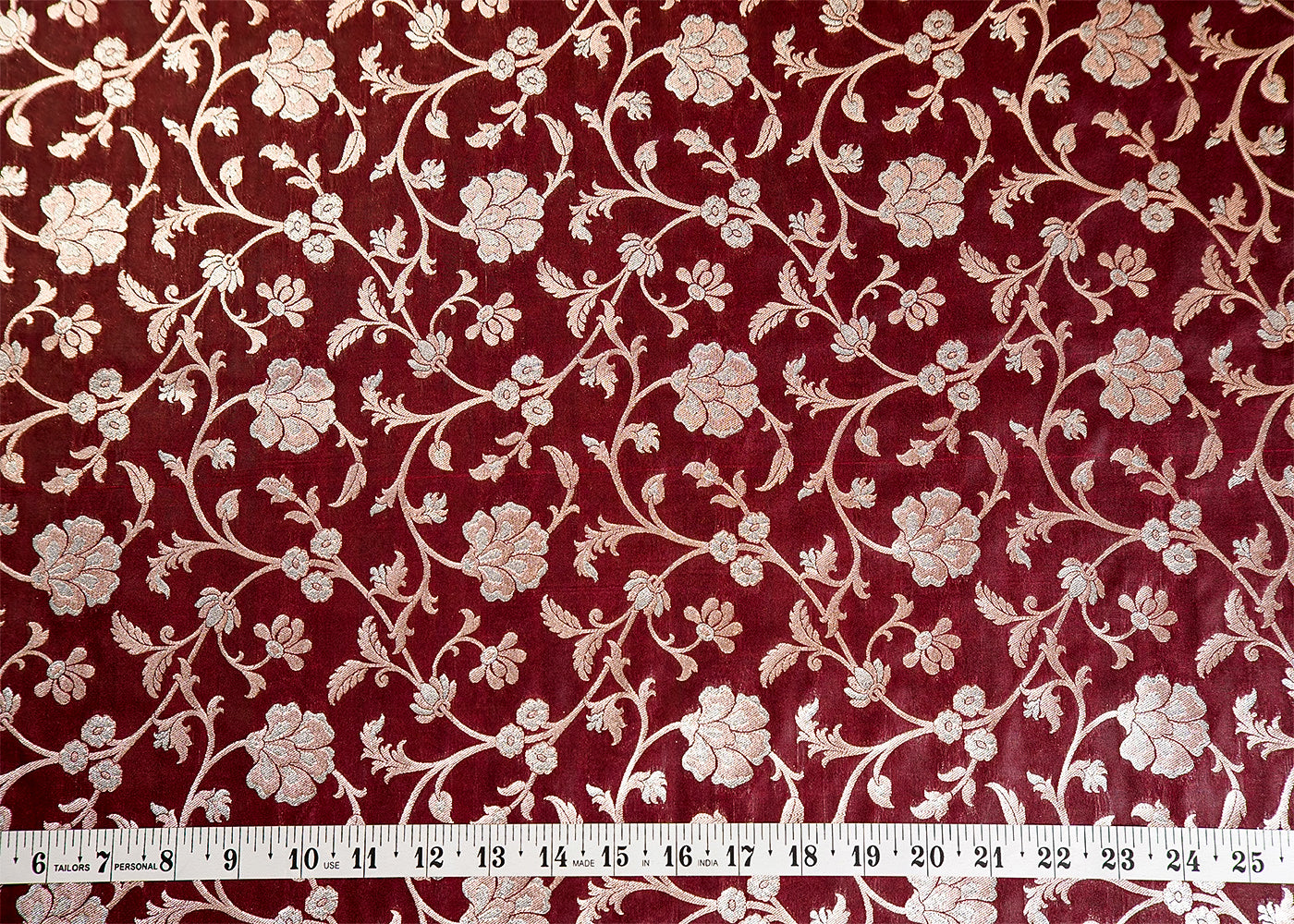 Maroon Banarasi Brocade Fabric With Allover Silver And Golden Zari Handloom 15973