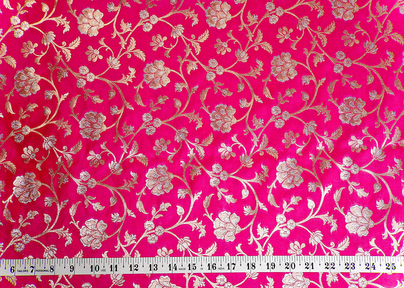 Pink Banarasi Brocade Fabric With Allover Silver And Golden Zari Handloom 15974