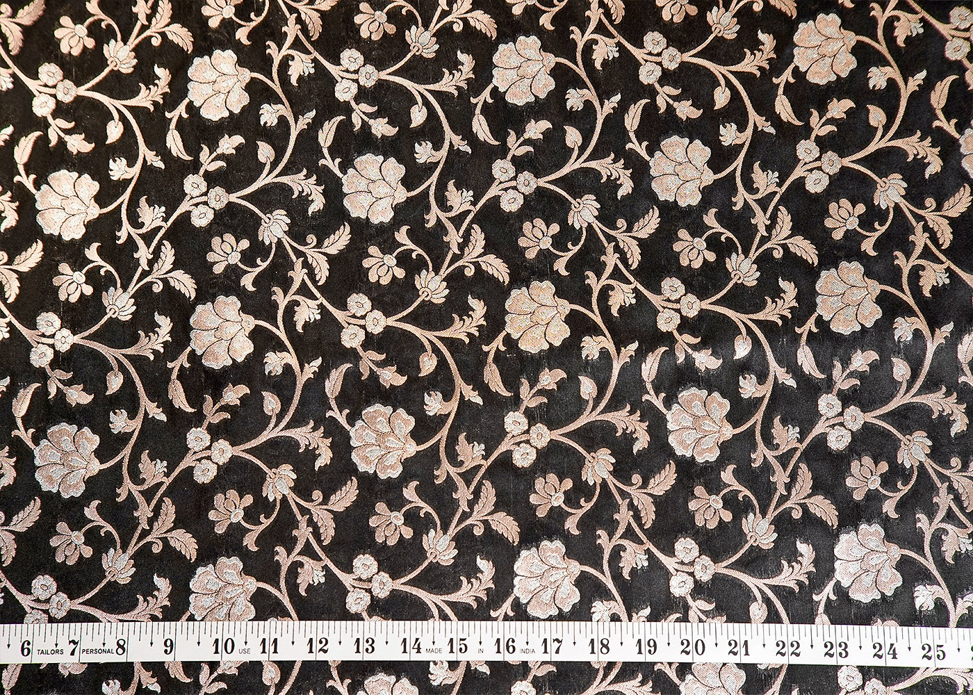 Black Banarasi Brocade Fabric With Allover Silver And Golden Zari Handloom 15977
