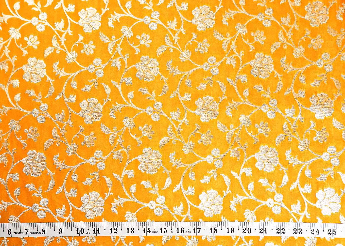 Yellow Banarasi Brocade Fabric With Allover Silver And Golden Zari Handloom 15978