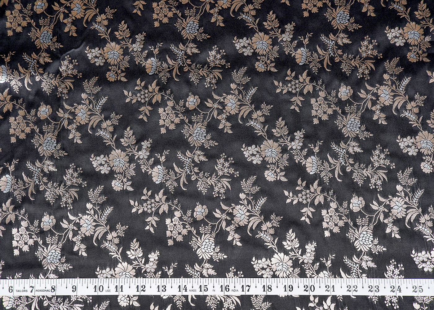 Black Banarasi Brocade Fabric With Allover Silver And Golden Zari Handloom 15980