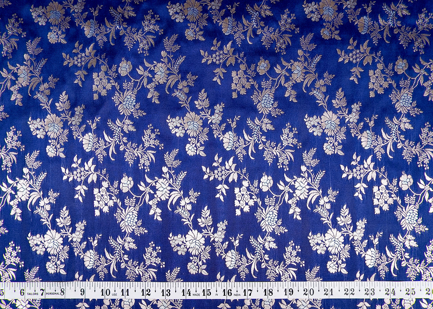 Navy Blue Banarasi Brocade Fabric With Allover Silver And Golden Zari Handloom 15982