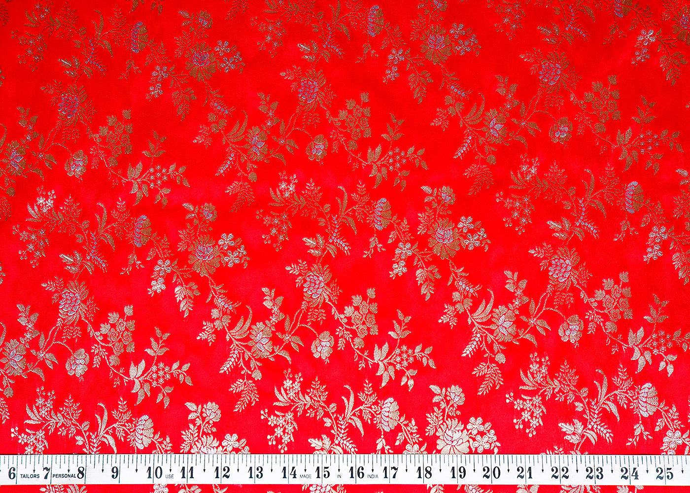 Red Banarasi Brocade Fabric With Allover Silver And Golden Zari Handloom 15985