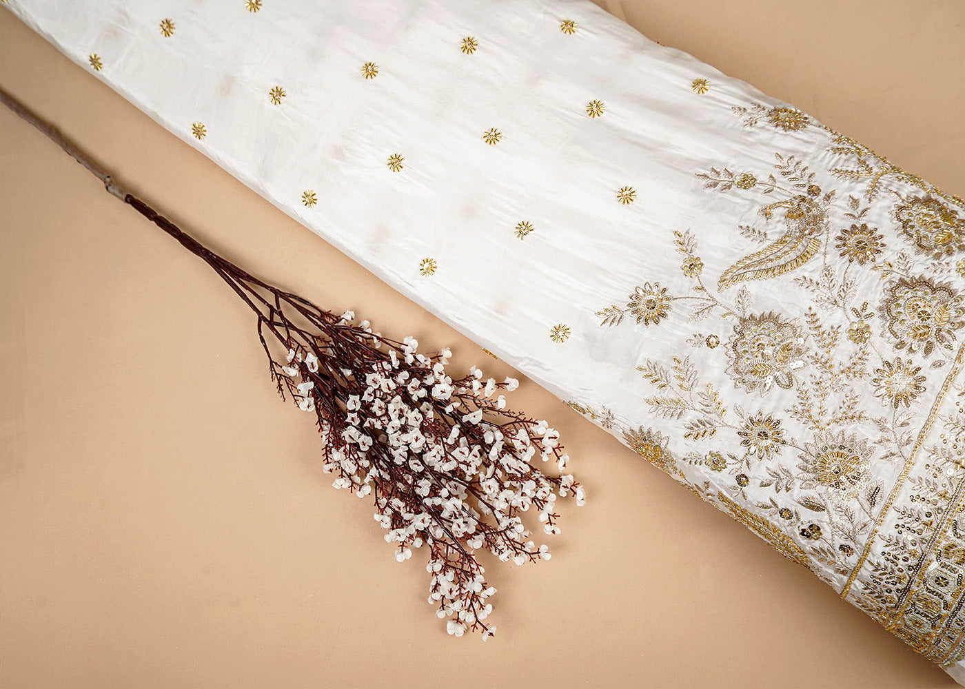 White Crepe Fabric with All Over Katdana, Zari and Sequins Work with One Side Heavy Border 16060