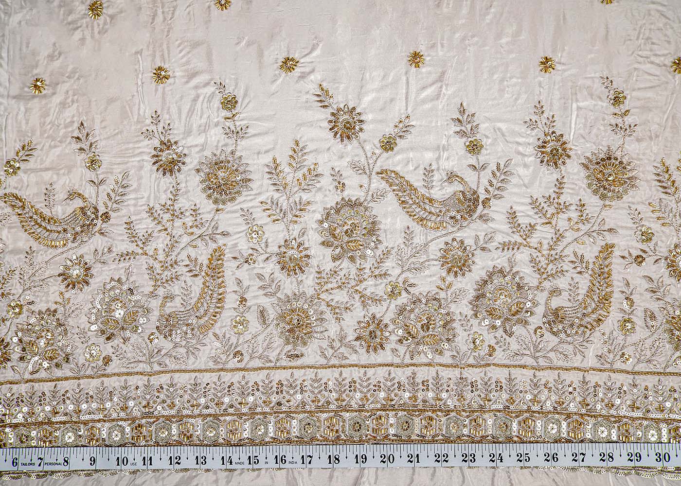 White Crepe Fabric with All Over Katdana, Zari and Sequins Work with One Side Heavy Border 16060