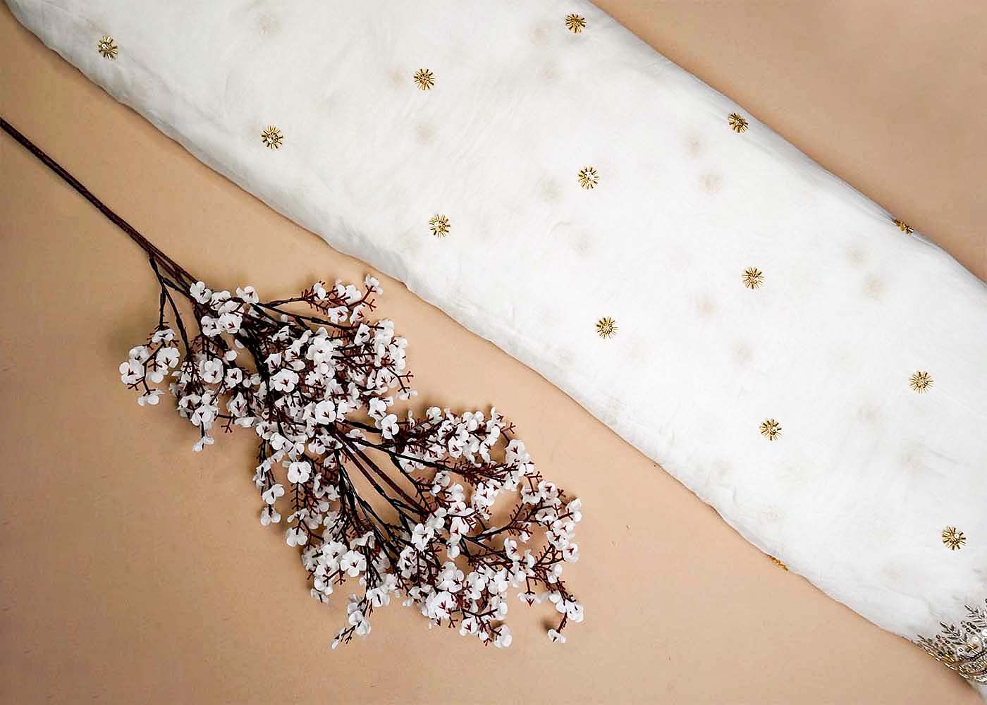 White Organza Fabric with All Over Sequins, Katdana and Bead Work with Two Side Border 16061