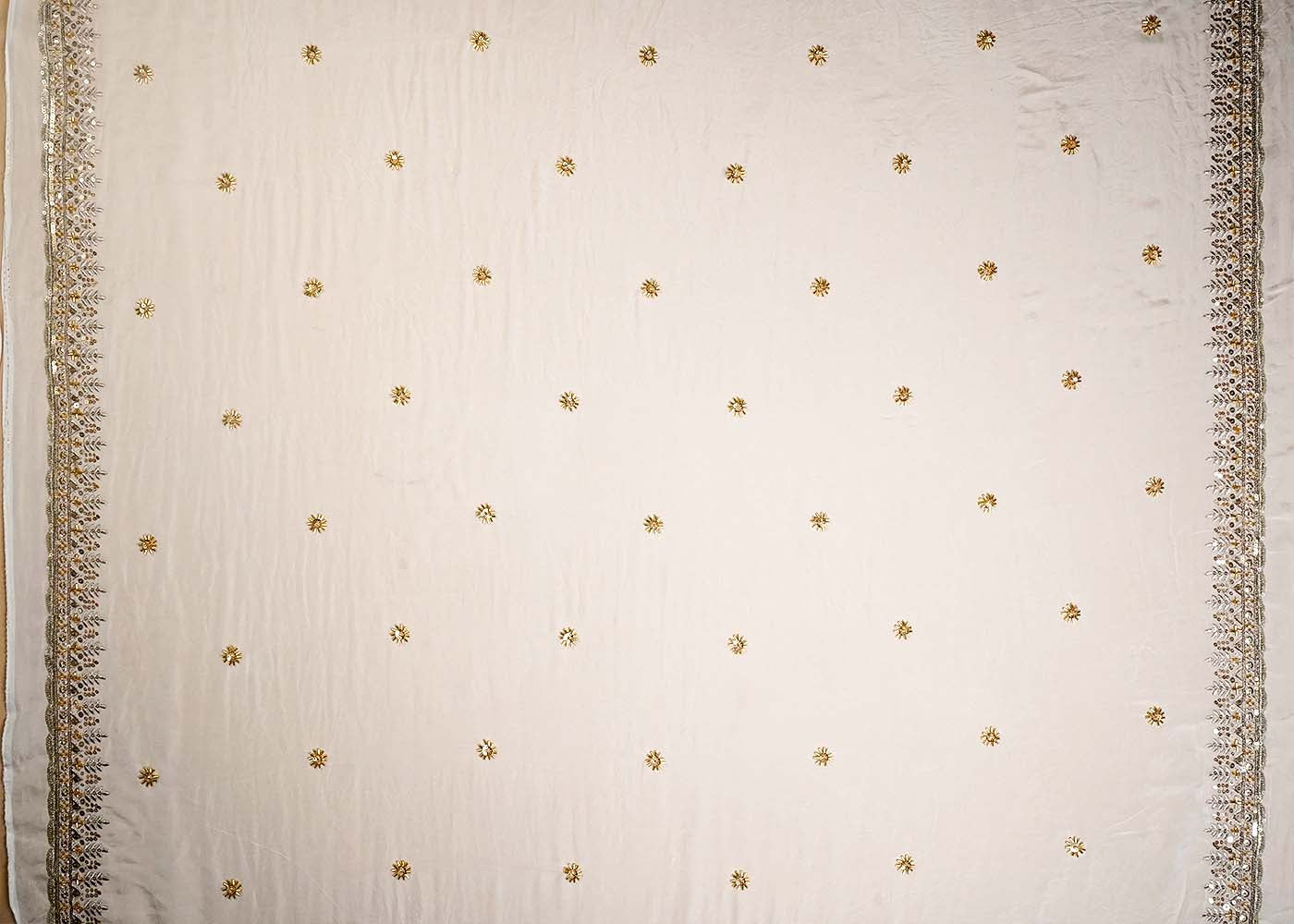 White Organza Fabric with All Over Sequins, Katdana and Bead Work with Two Side Border 16061