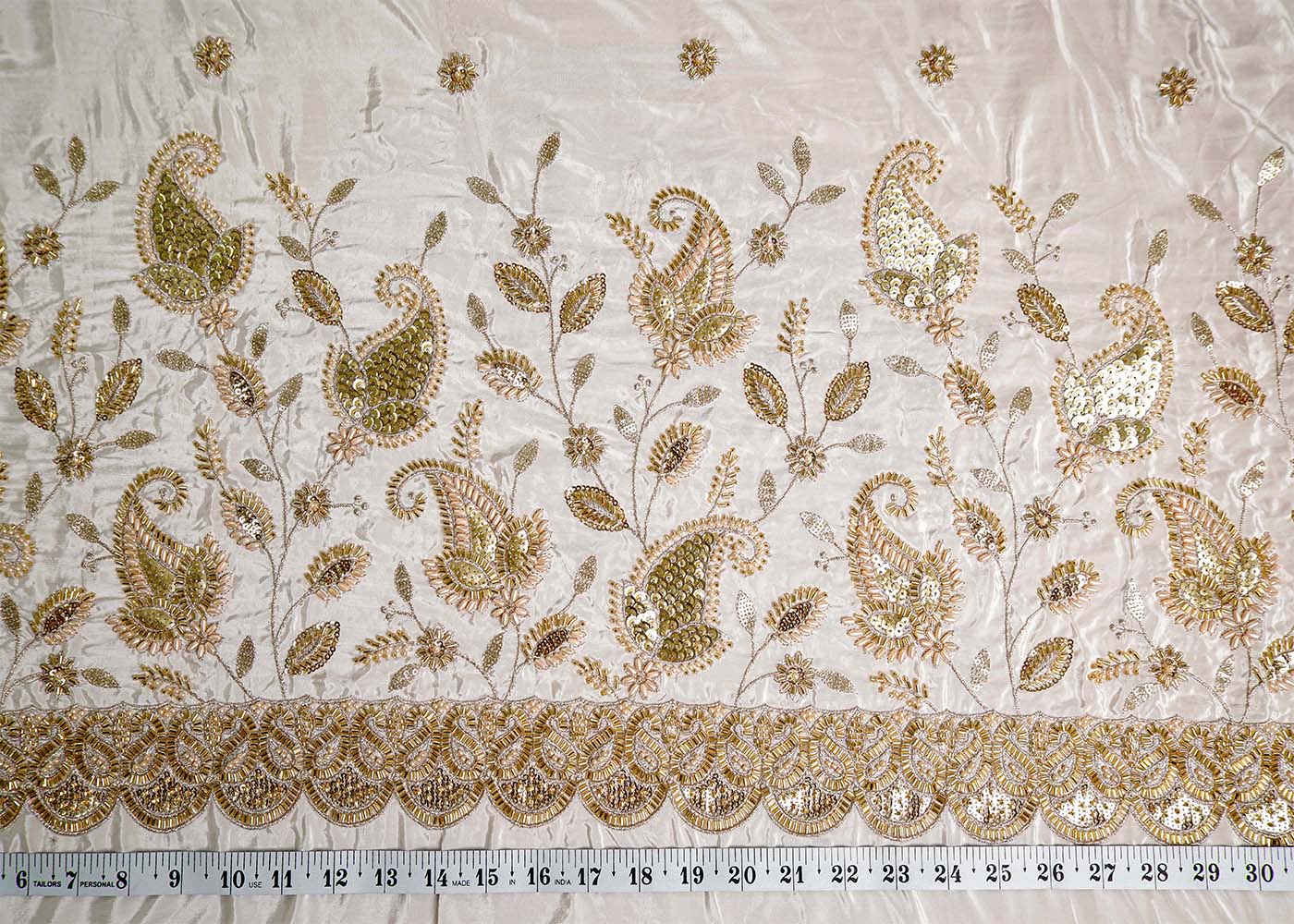 White Crepe Fabric with All Over Katdana, Zari and Sequins Work with One Side Heavy Border 16062