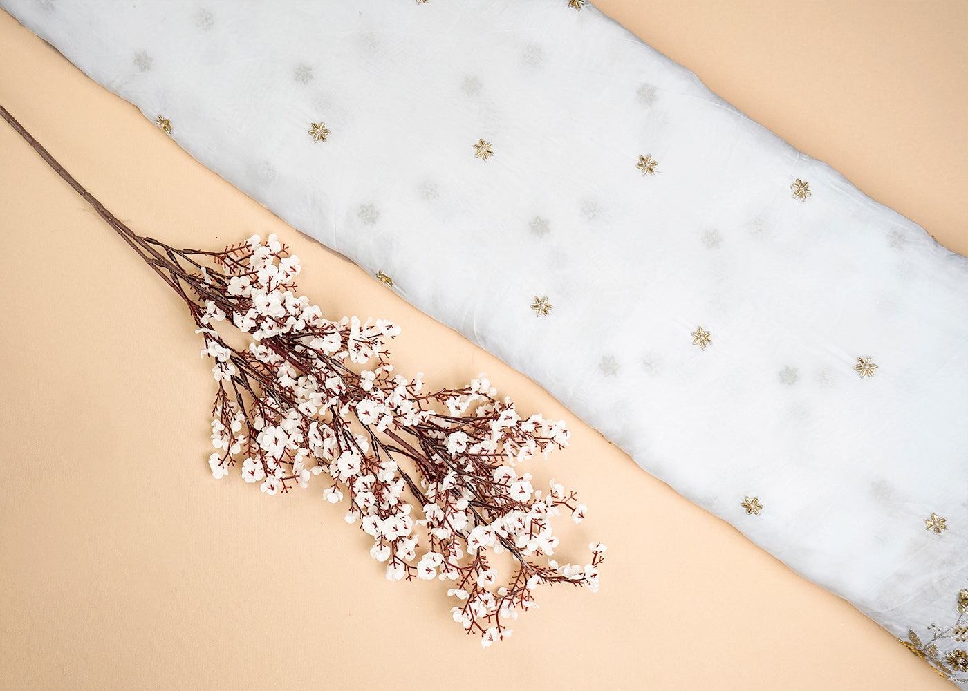 White Organza Fabric with All Over Sequins, Katdana and Bead Work with Two Side Border 16063