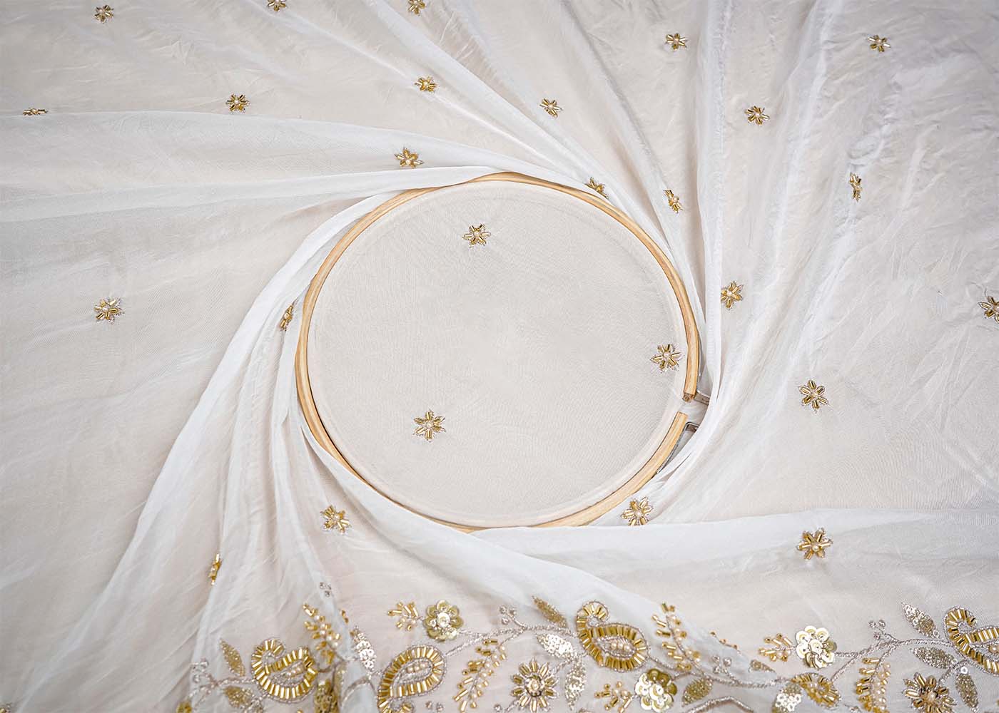 White Organza Fabric with All Over Sequins, Katdana and Bead Work with Two Side Border 16063