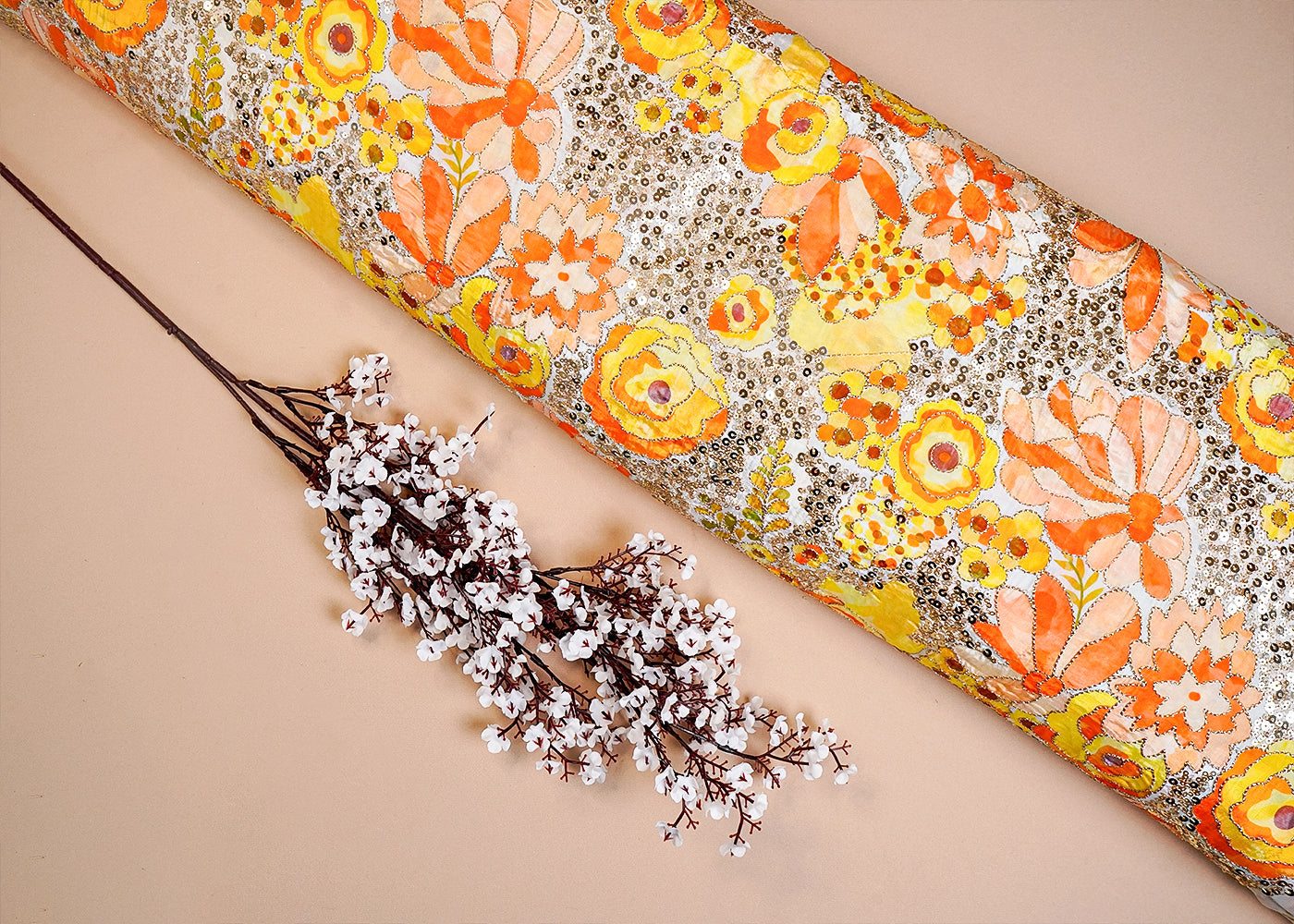 Yellow Crepe Fabric with All Over Zari and Sequins Work with Floral Print 16064