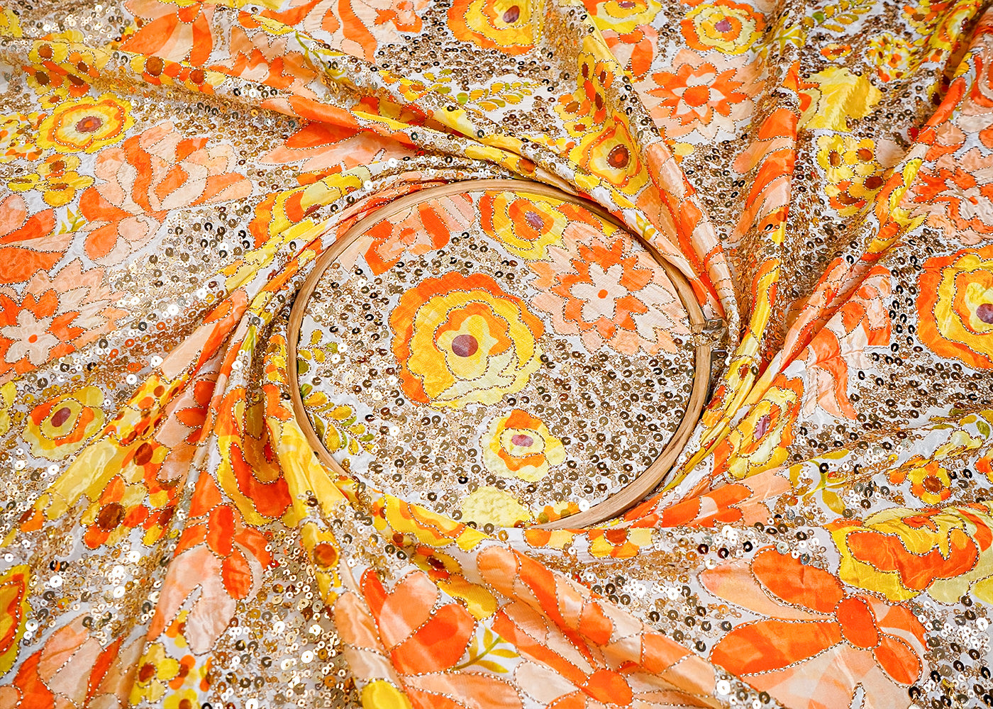 Yellow Crepe Fabric with All Over Zari and Sequins Work with Floral Print 16064