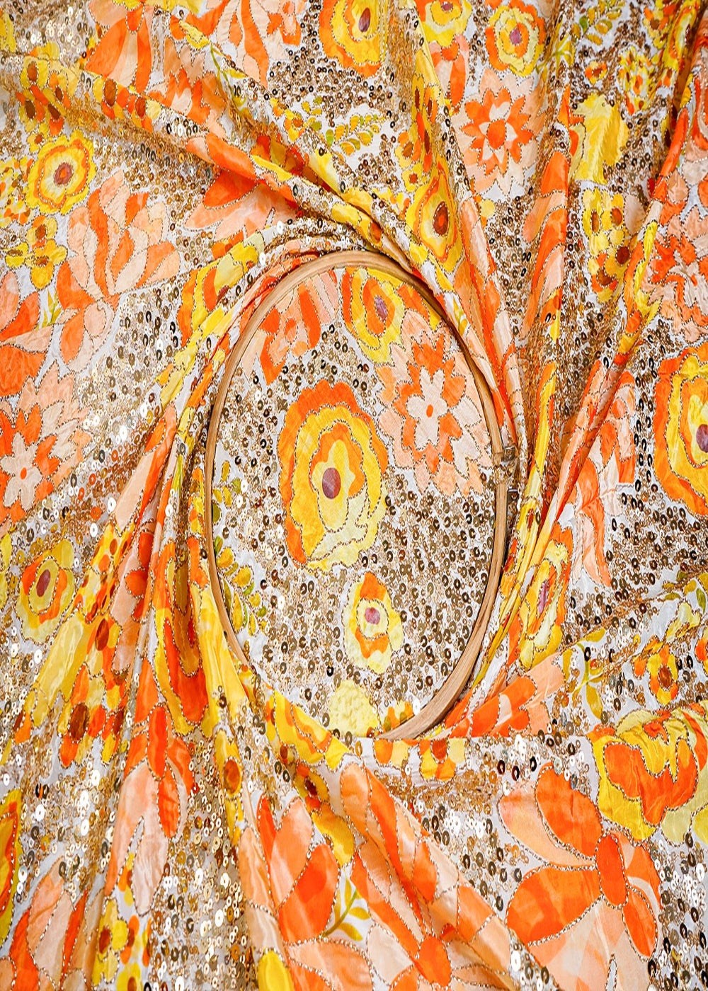 Yellow-Crepe-Fabric-with-All-Over-Zari-and-Sequins-Work-with-Floral-Print-16064-close-view