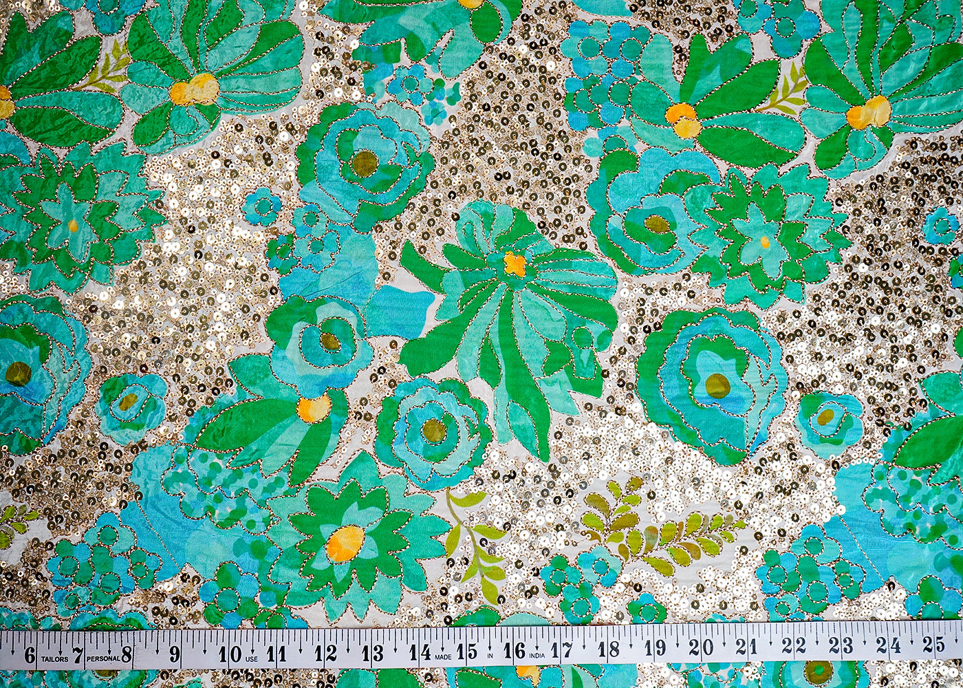 Sea Green Crepe Fabric with All Over Zari and Sequins Work with Floral Print 16066