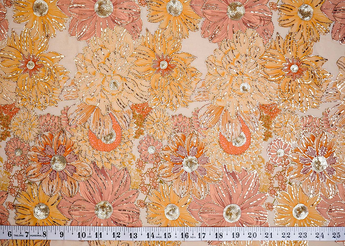 Cream Organza Fabric with All Over Zari and Sequins Work with Floral Print 16067