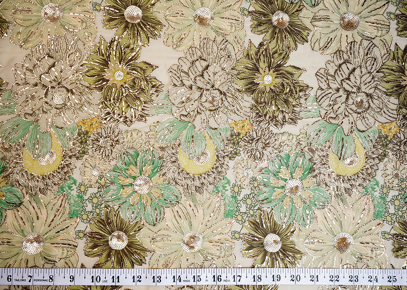 Green Organza Fabric with All Over Zari and Sequins Work with Floral Print 16069