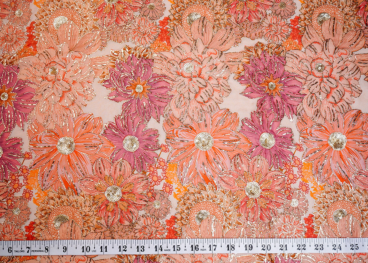 Peach Organza Fabric with All Over Zari and Sequins Work with Floral Print 16070