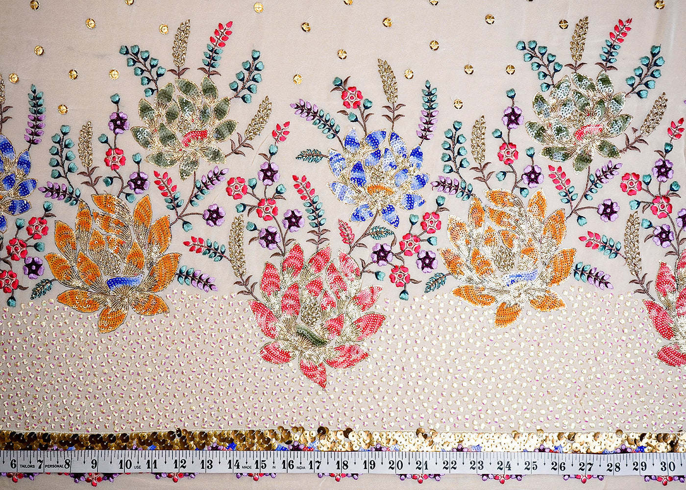 White Georgette Fabric with All Over Thread and Sequins Work with One Side Border 16072