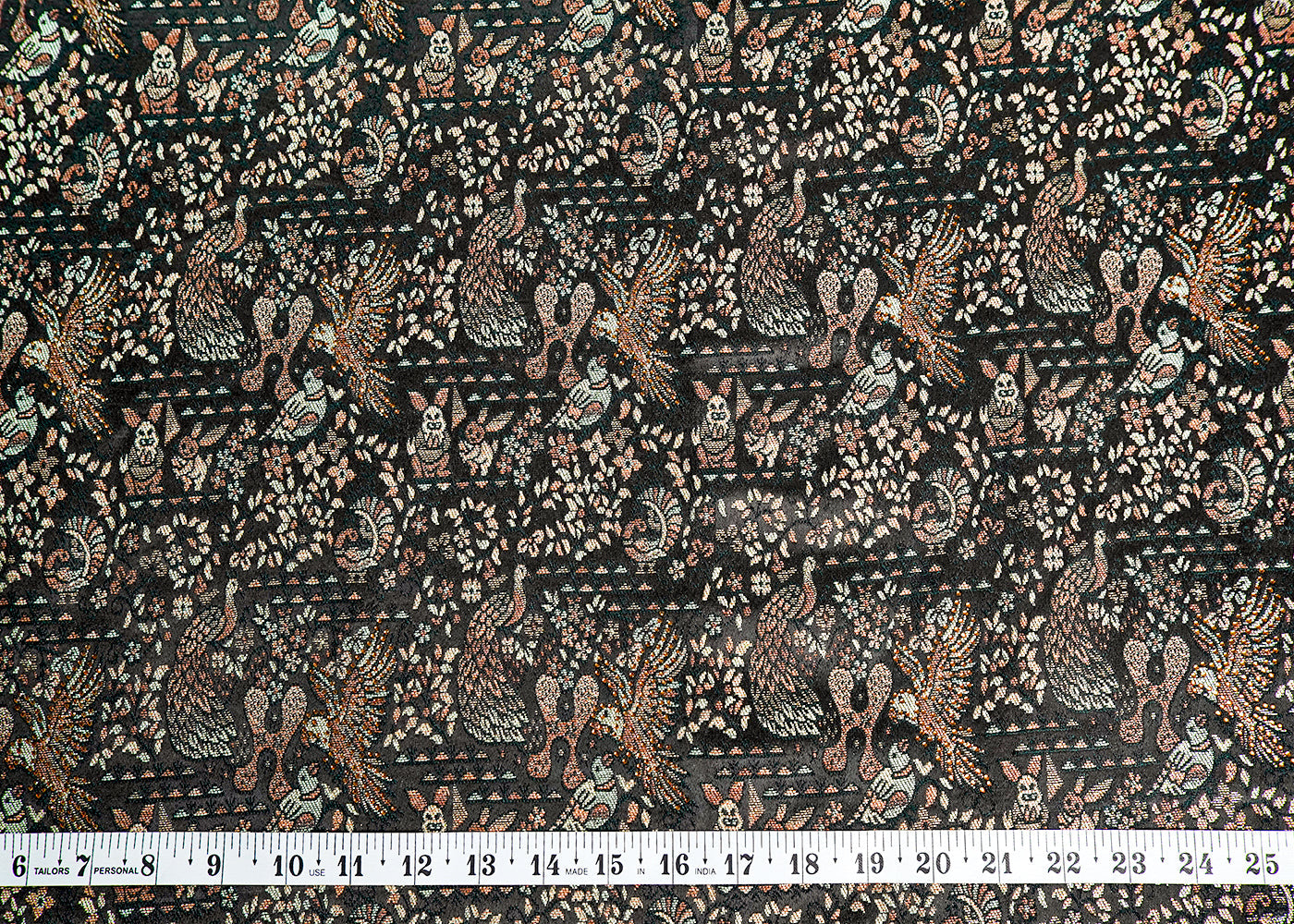 Black Banarasi Brocade Fabric with All Over Thread Handloom and Swarovski Work 16085